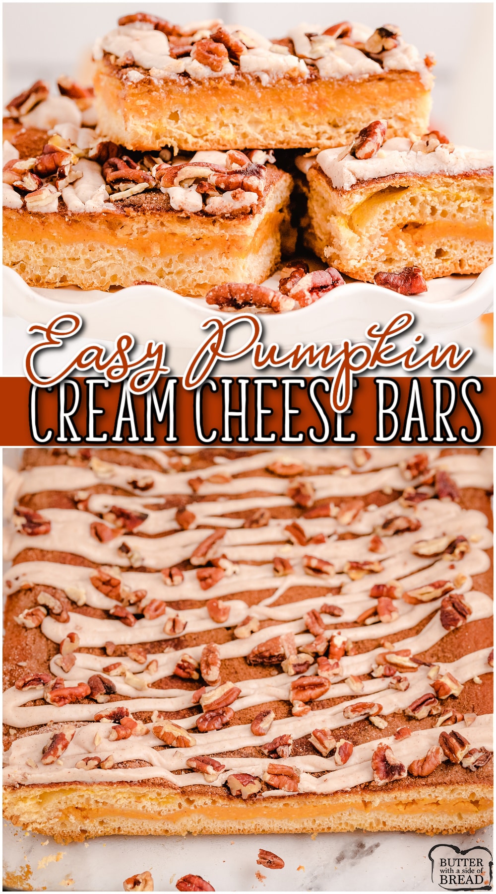Pumpkin Cream Cheese Bars made with crescent dough, cream cheese & spiced pumpkin! Cheesecake pumpkin bars have great Fall flavors & are perfect for brunch or dessert!