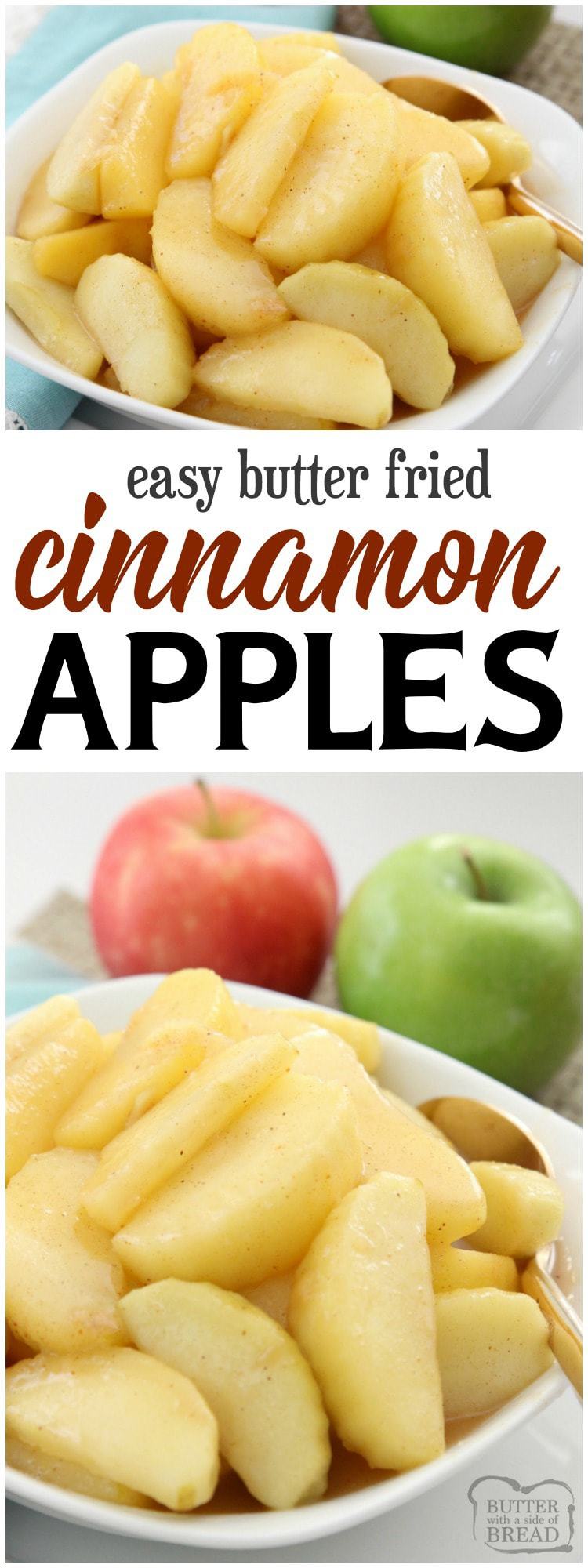 Cinnamon Apples recipe that's simple to make & spiced with cinnamon & nutmeg. Fried with butter & brown sugar, they taste incredible with #dinner or #dessert! Easy Fried #Cinnamon #Apples #recipe from Butter With A Side of Bread