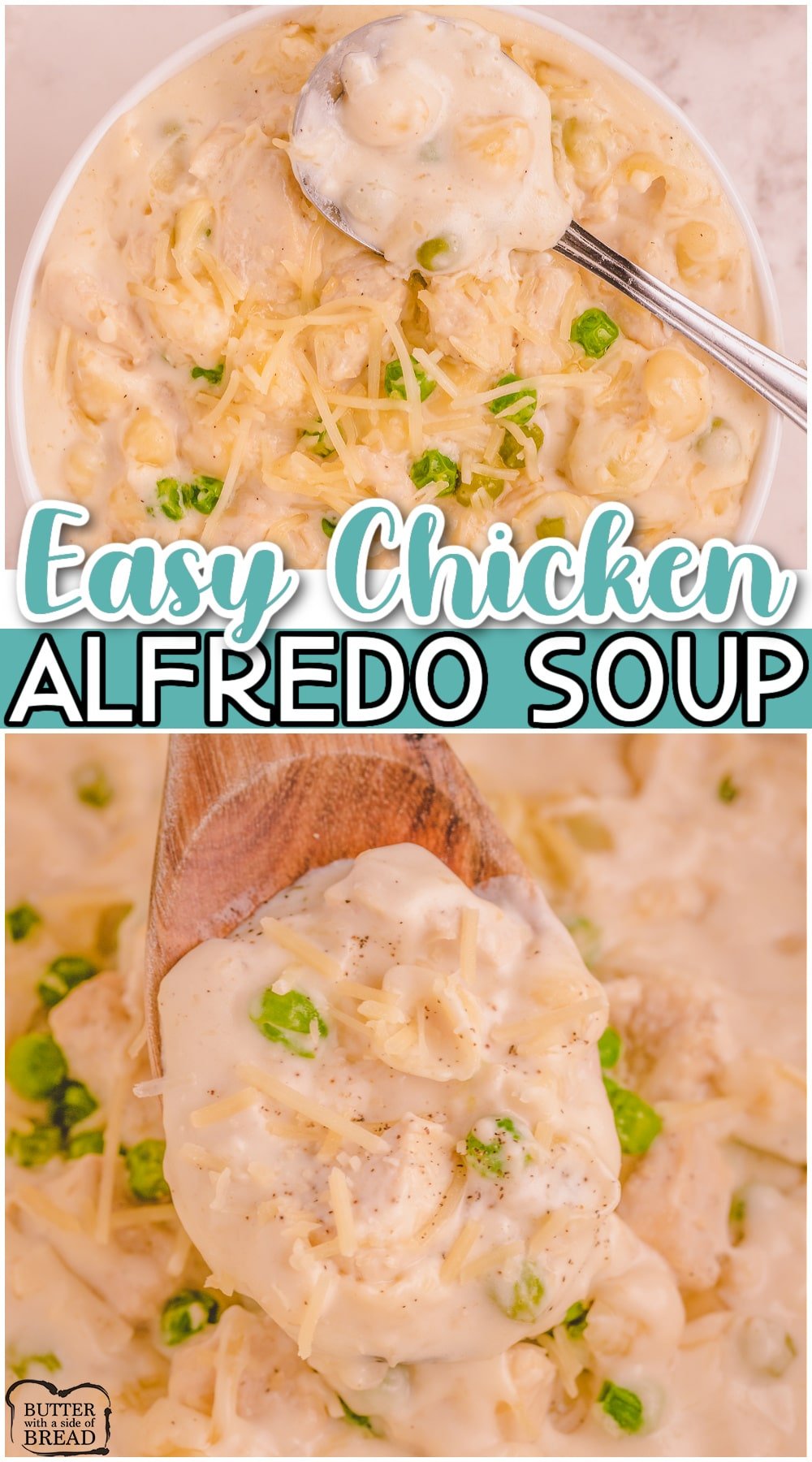 Chicken Alfredo Soup is a simple recipe for pure, creamy comfort-food!  Our popular homemade Alfredo sauce is combined with chicken, broth, pasta & veggies for a delightful alfredo soup recipe.