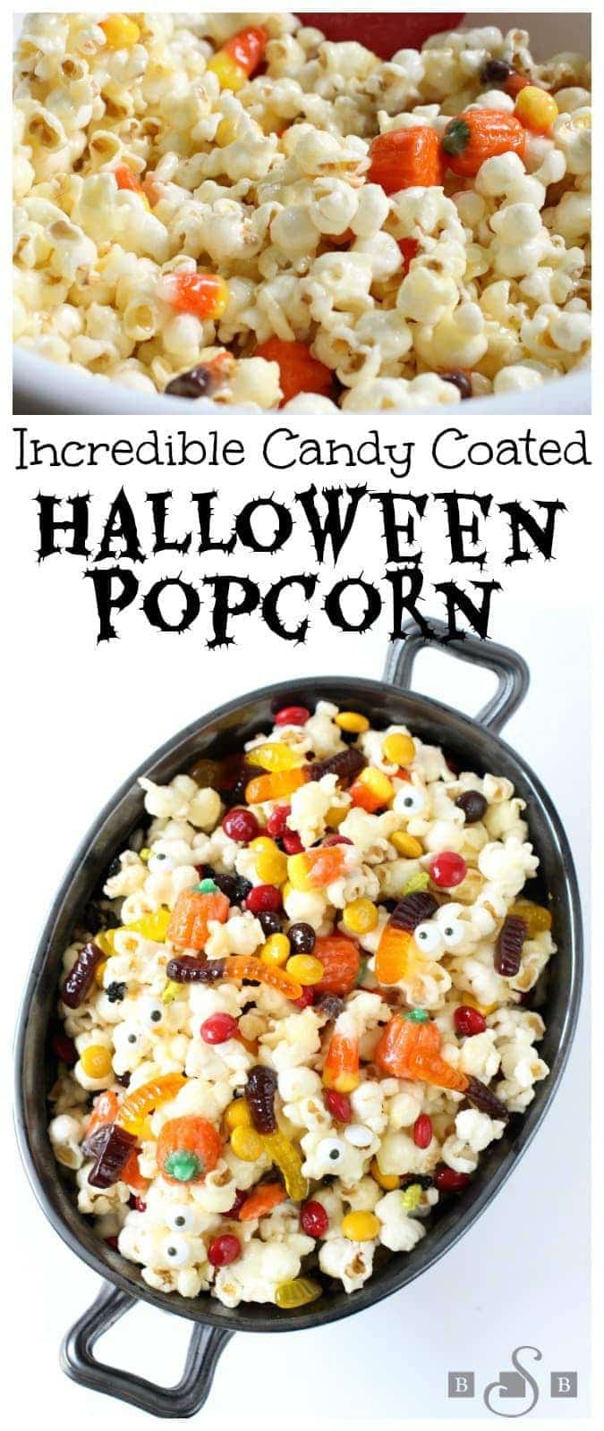 Halloween Popcorn made with a sweet, buttery candy coating then tossed with Halloween candy. It's the perfect festive treat! 