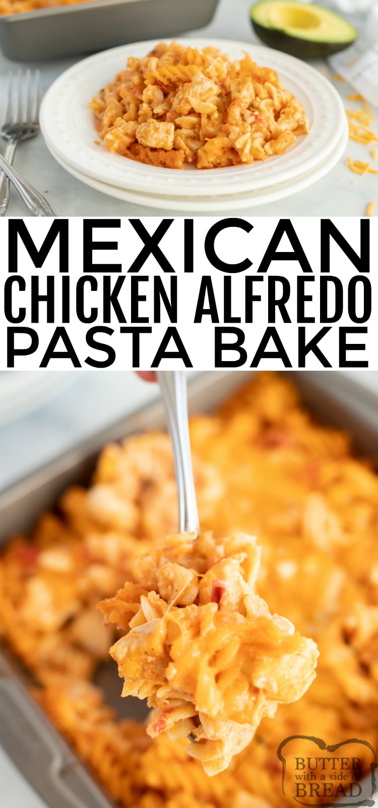 Mexican Chicken Alfredo Pasta Bake is a quick and easy dinner recipe that adds a southwestern twist to chicken alfredo. This baked alfredo recipe includes chicken, alfredo sauce, salsa, taco seasoning and lots of cheese!