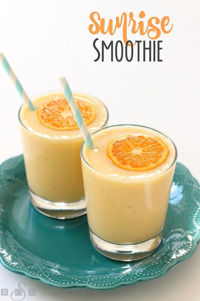 One key to a stress-free morning is to prepare anything you can the night before. Choose outfits, make sure backpacks are ready to go, make lunches and, in my case, freeze the orange juice into cubes so that I could make these Sunrise Smoothies to go along with our breakfast.