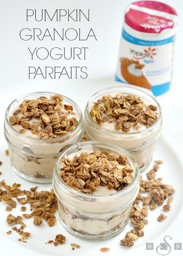 I love yogurt and all of my kids do too, so we go through a lot of it at our house!  Yoplait has several seasonal flavors available right now, and I was excited to try the Yoplait light Pumpkin Pie flavor - it really does taste like pumpkin pie, but with a lot less effort (and calories too)! I decided to make a Pumpkin Spice granola to layer with this yogurt for a fun after school treat for the whole family to enjoy. These little parfaits are so easy to put together and are the perfect fall snack- no need to wait until Thanksgiving for a little taste of pumpkin pie!
