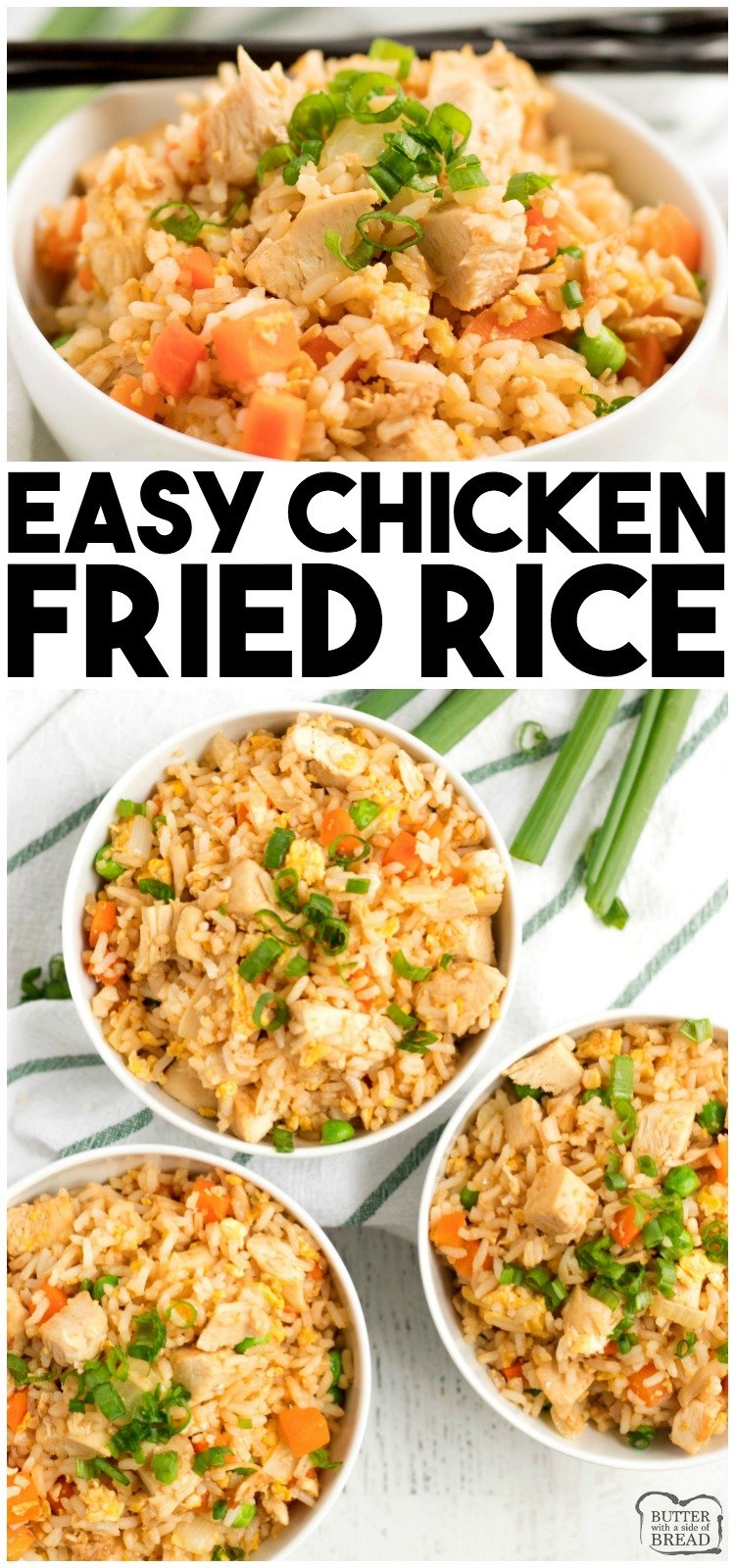 Chicken Fried Rice Recipe is a perfect weeknight dinner idea! Simple to make and trust me, homemade fried rice tastes SO much better.  Instructions for how to make fried rice using simple ingredients.