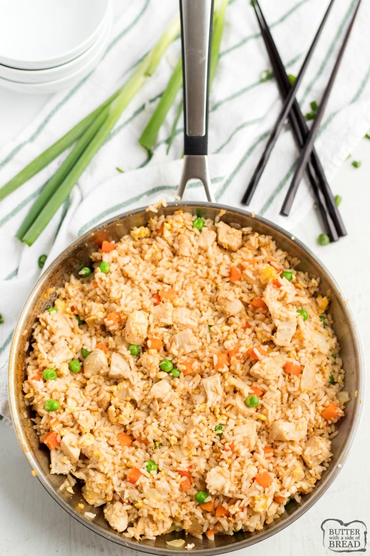 Chicken Fried Rice Recipe is a perfect weeknight dinner idea! Simple to make and trust me, homemade fried rice tastes SO much better.  Instructions for how to make fried rice using simple ingredients.