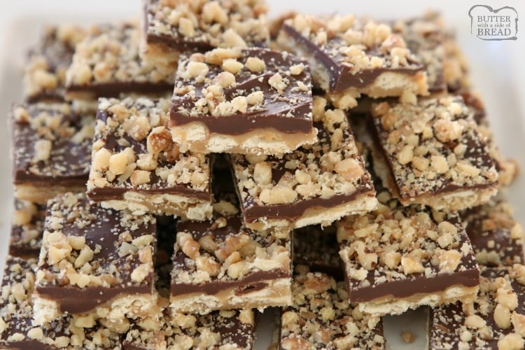 Easy Cracker Toffee is a simple toffee recipe made with saltine crackers, butter, sugar, chocolate & nuts! Perfect sweet & salty Christmas dessert for anyone who loves toffee. 