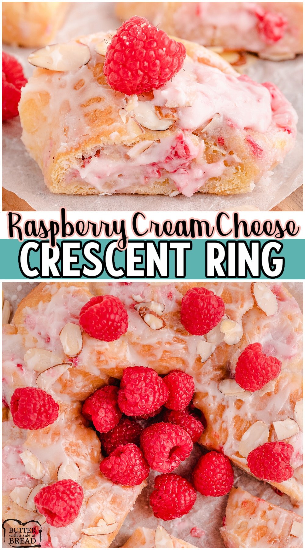 Raspberry Cream Cheese Crescent Ring is an easy danish recipe made easy with crescent rolls, cream cheese & raspberries. Perfect for holidays, brunch, dessert, or anytime! 