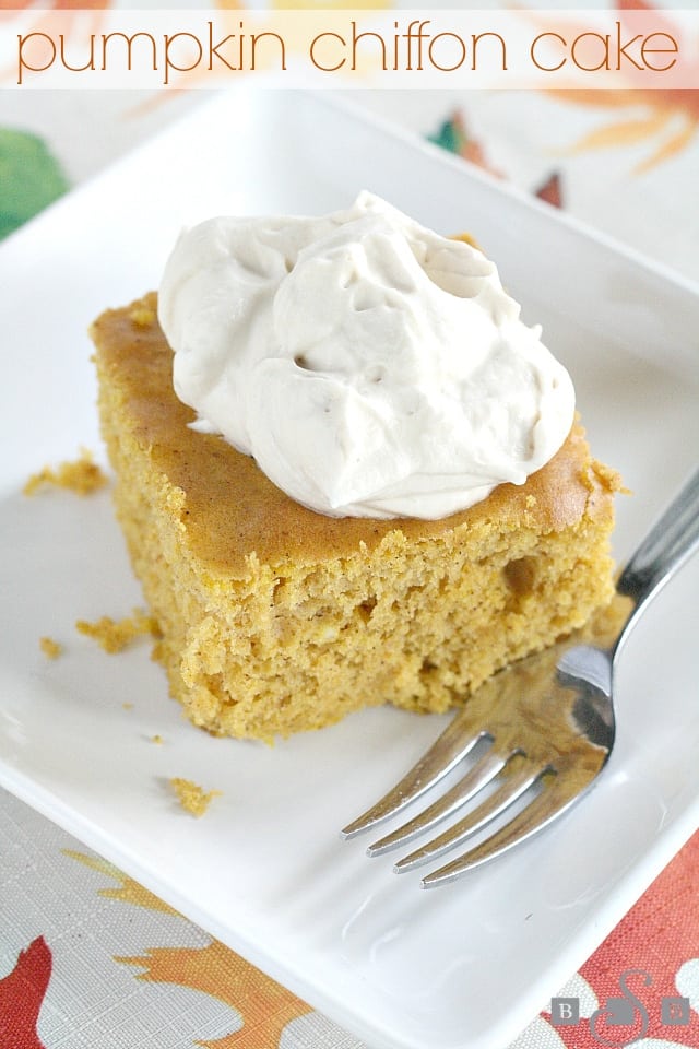 Pumpkin Chiffon Cake is so moist and light and easy to make since you start with a cake mix, and the delicious topping is made with brown sugar and whipped cream! 