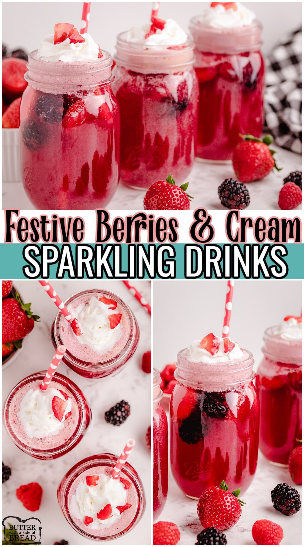 Berries & Cream Sparklers made with simple ingredients and perfect for parties! Delicious fizzy berry drinks made with soda, juice, fresh berries and ice cream.