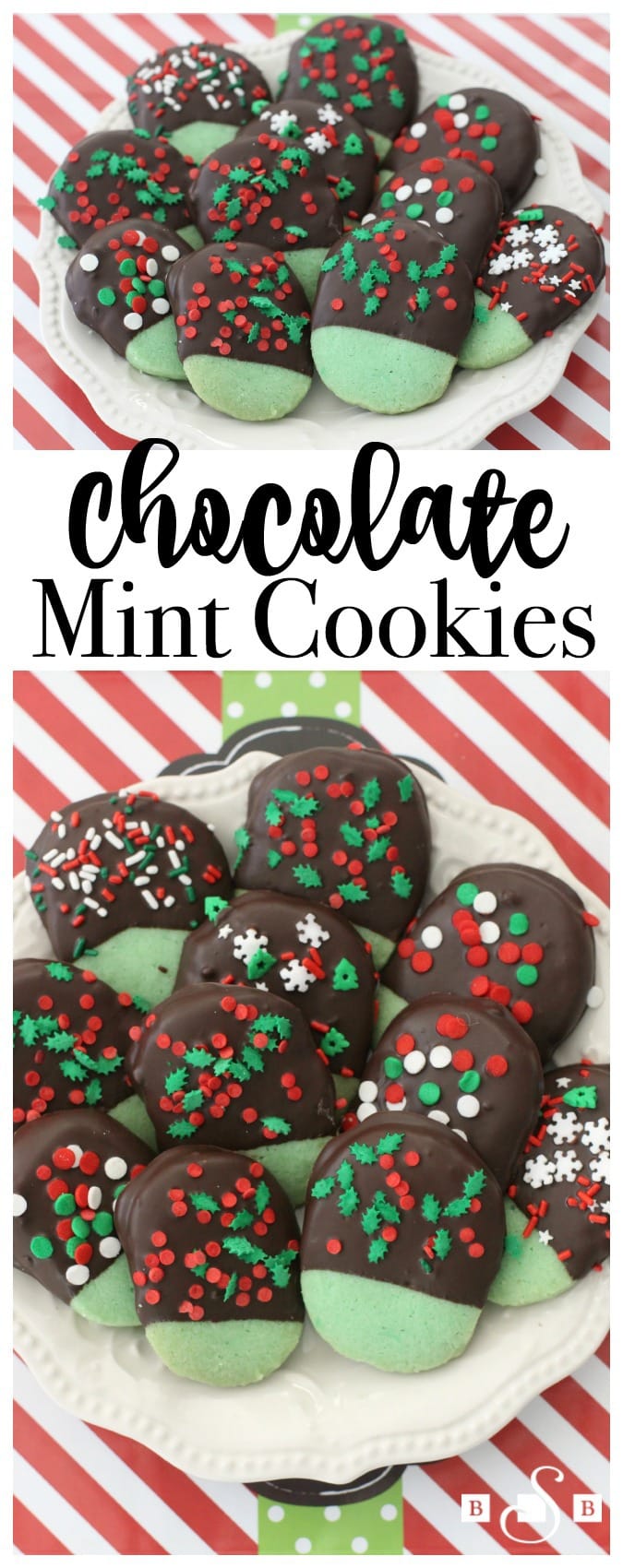 Chocolate Mint Cookies made from a buttery #mint shortbread cookie dipped in dark chocolate & topped with festive holiday sprinkles. My favorite Christmas cookie! 