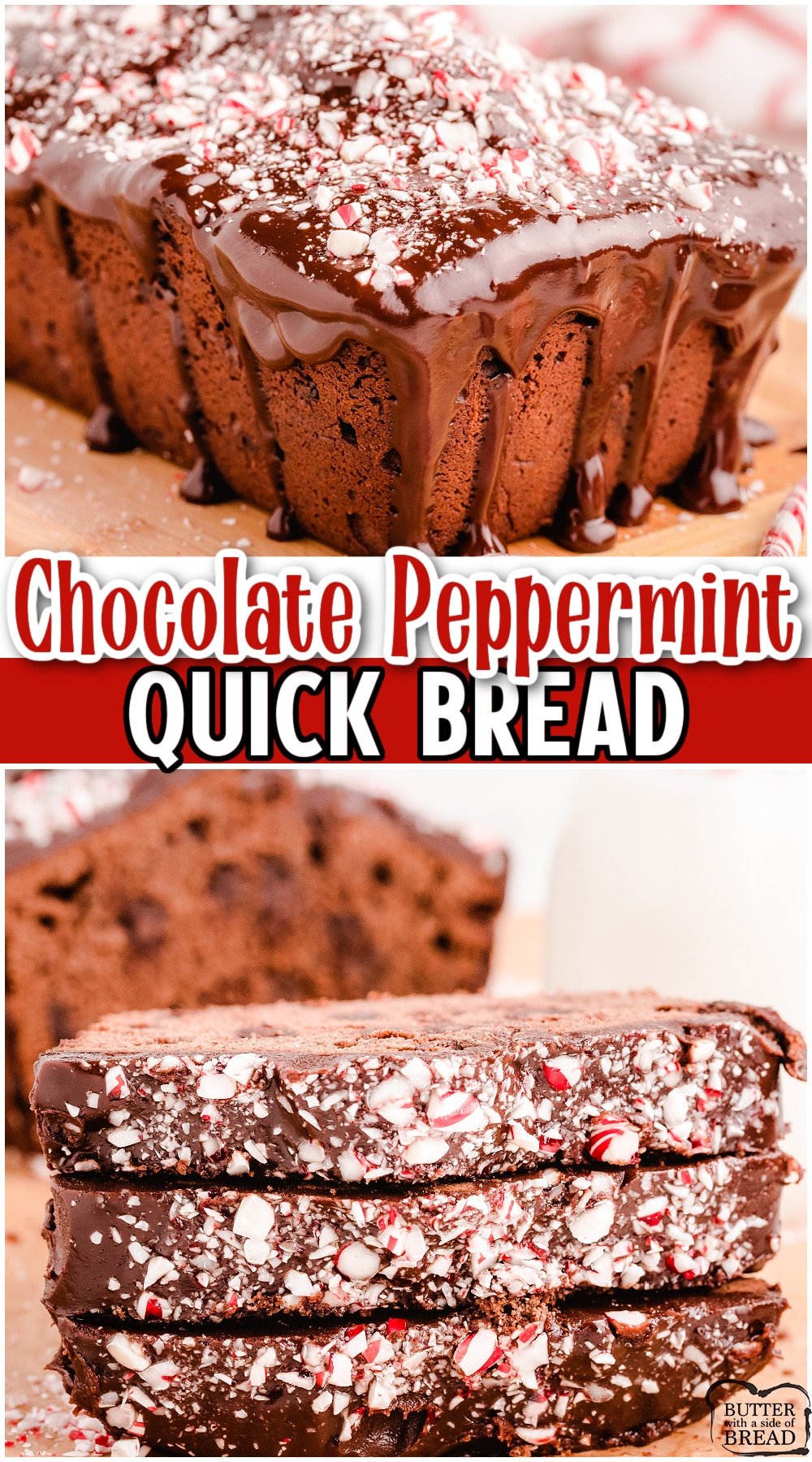 Chocolate Peppermint Bread is perfect for the holidays! Rich chocolate flavor sprinkled with peppermint makes this chocolate quick bread festive & delicious! 
