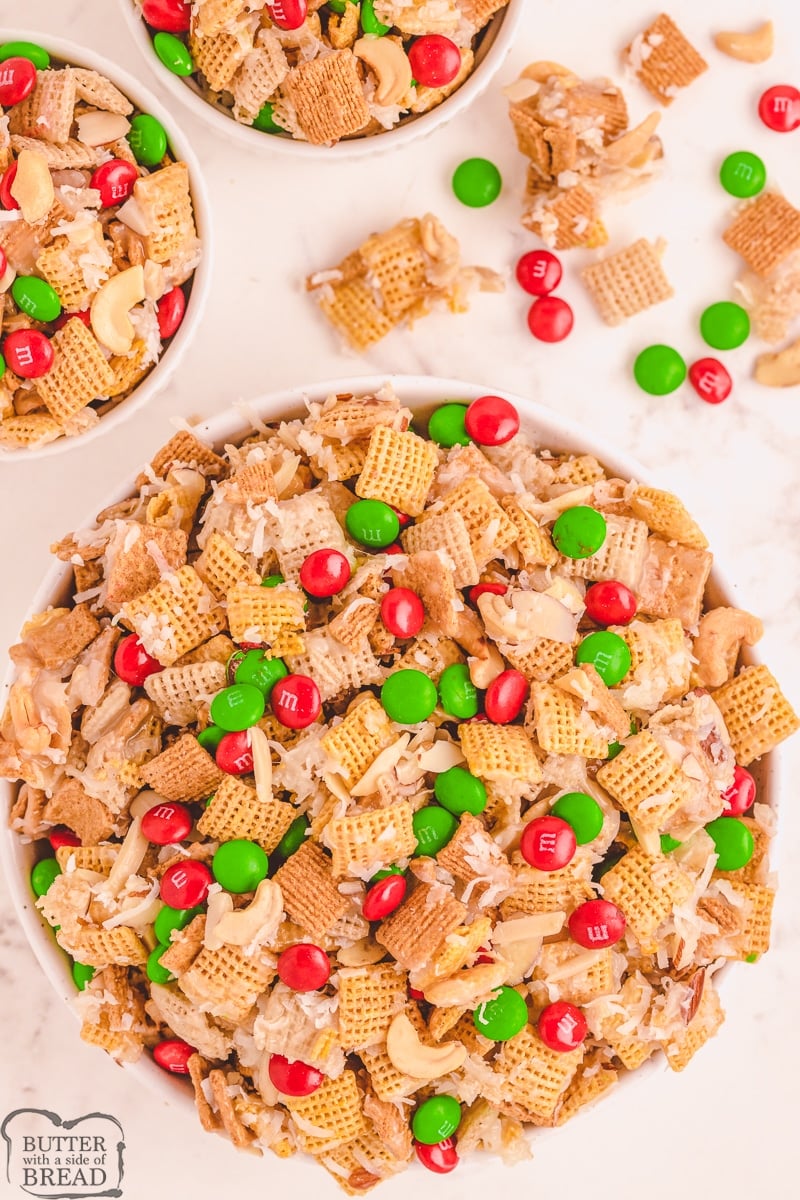 Gooey Holiday Chex mix in a bowl
