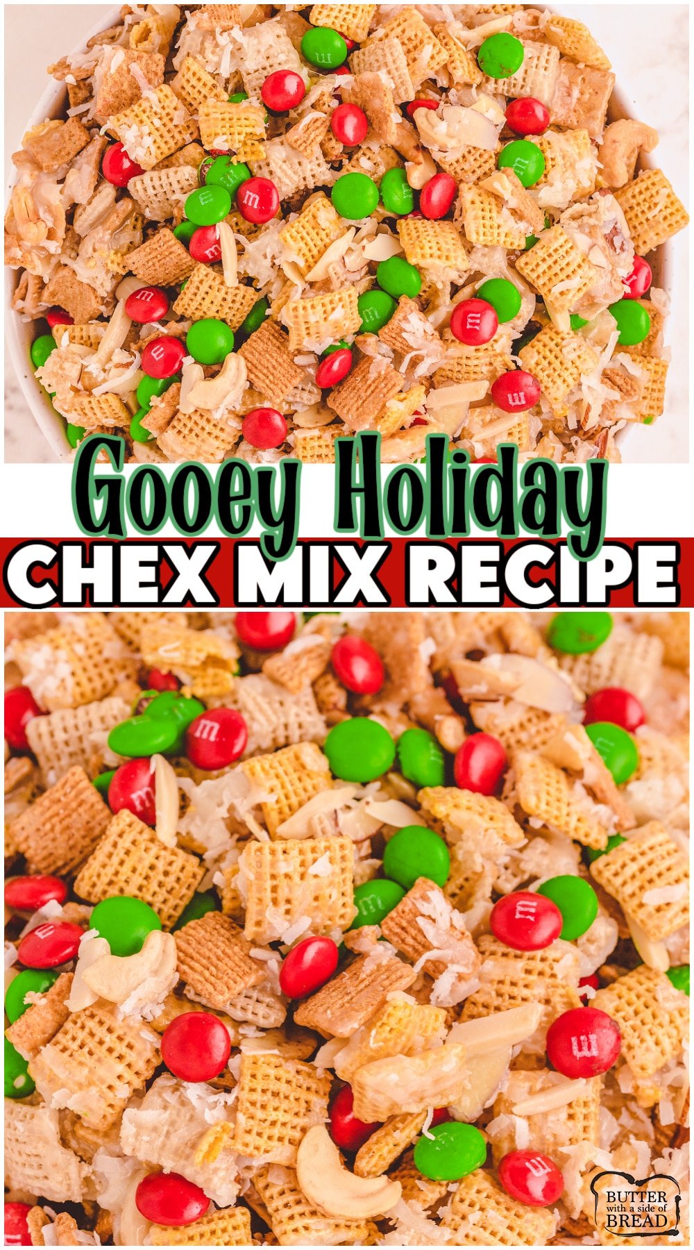 Gooey Holiday Chex Mix is a absolute classic Christmas treat! Chex cereal, coconut, slivered almonds & M&M's combine in a wonderfully addictive sweet snack mix. Perfect for holiday trays & gifts!