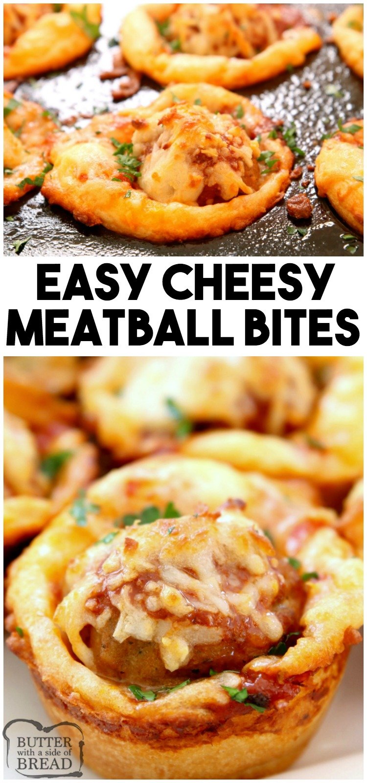 Cheesy Meatball appetizer bites made with crescent dough, frozen meatballs, marinara sauce and lots of cheese! Easy meatball appetizer recipe perfect for parties & game day