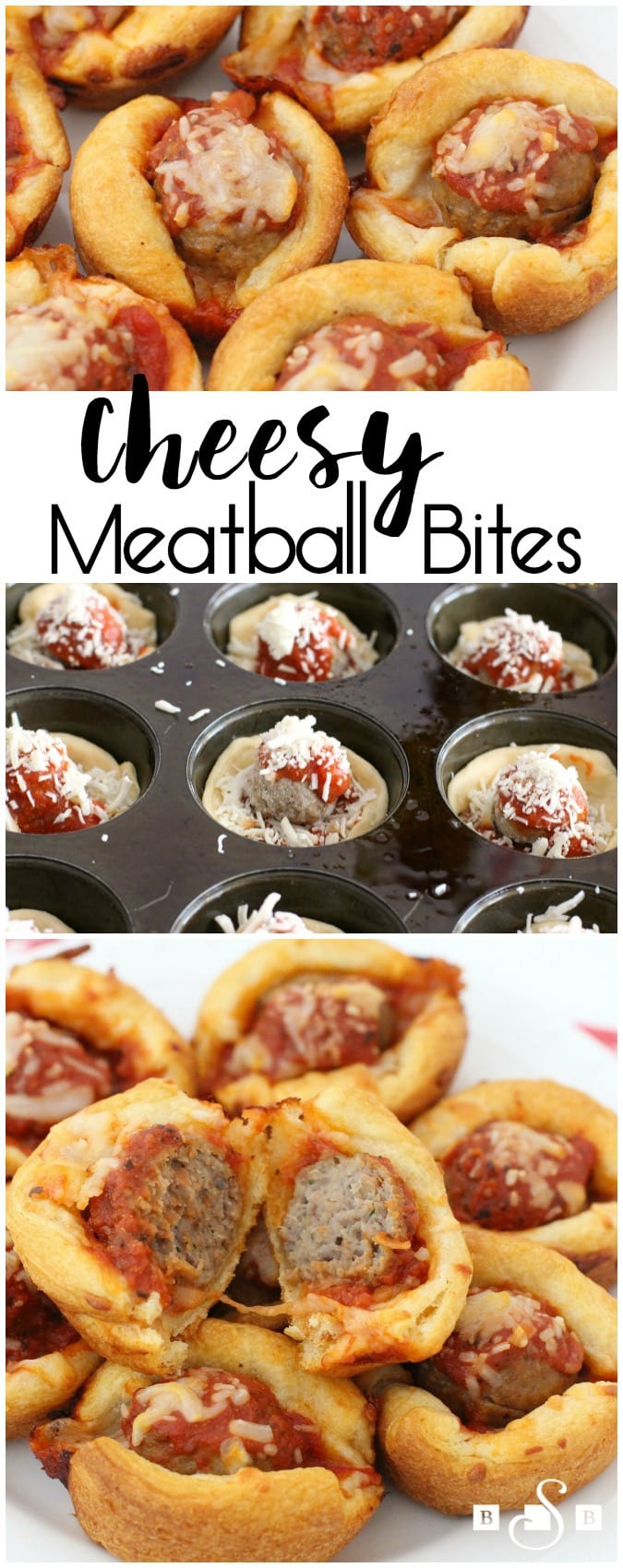 Cheesy Meatball Bites made with crescent dough, meatballs, marinara sauce and lots of cheese! Easy #appetizer #recipe perfect for parties & game day.