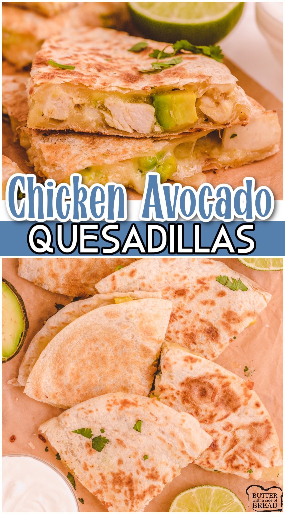 Chicken avocado quesadillas made with simple ingredients & perfect for parties & game day! Great fresh flavors in this tasty chicken quesadilla recipe!