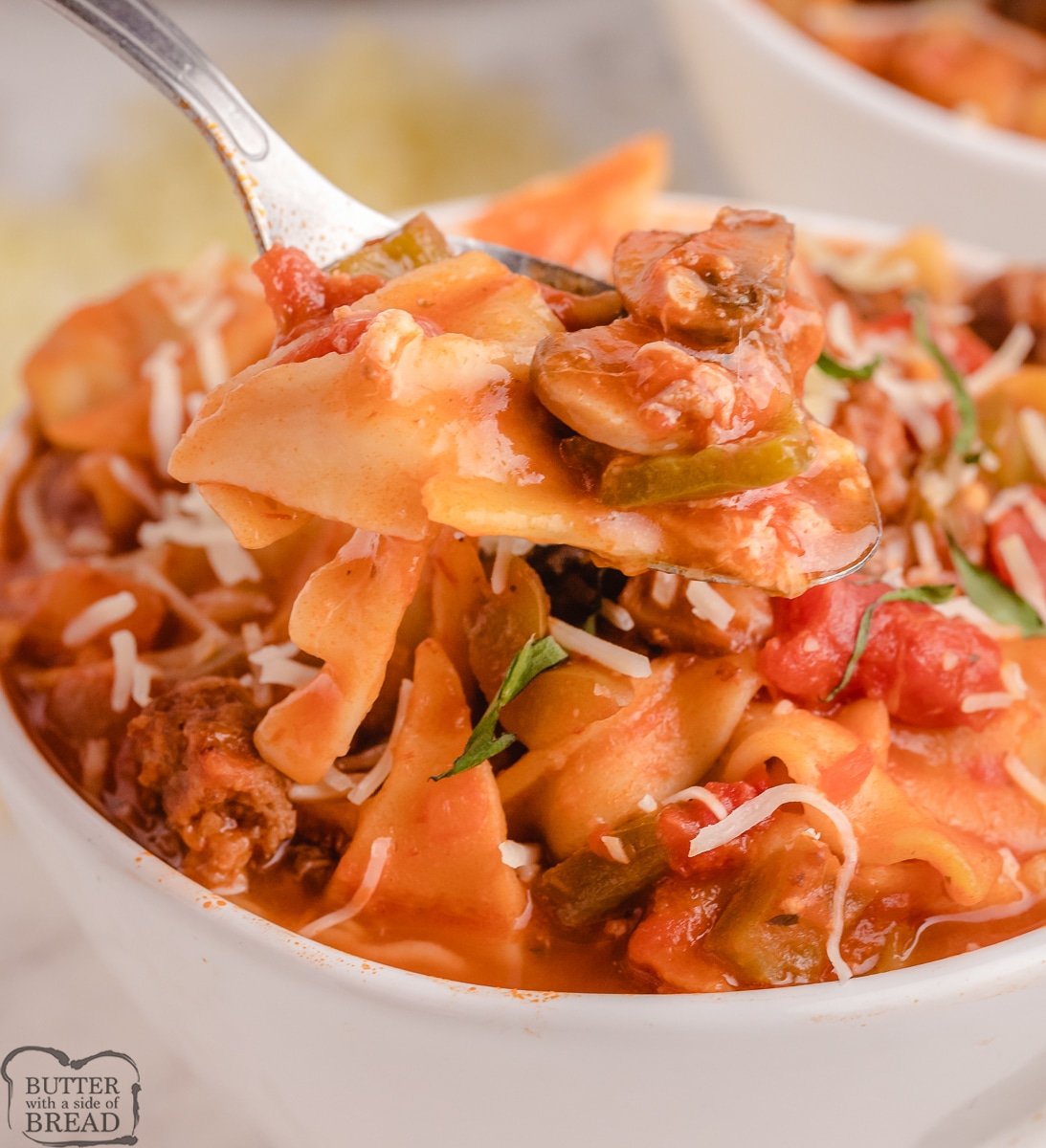 spoonful of lasagna soup with italian sausage