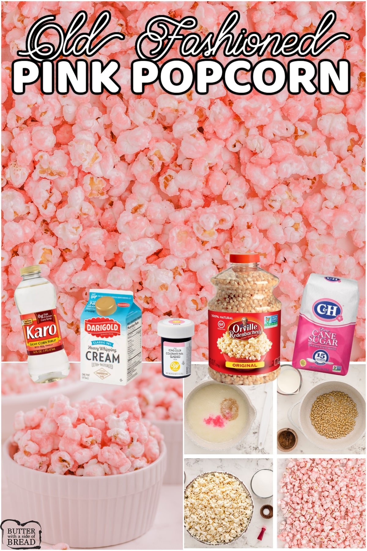 Old-fashioned Pink Popcorn made with whipping cream, sugar & pink coloring for a festive, candy coated treat! Pink popcorn perfect for parties, baby showers or anyone who loves PINK! 