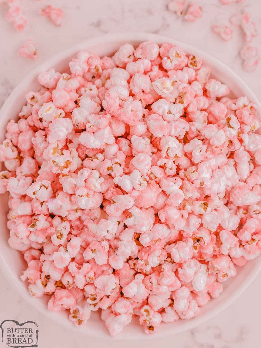 pink popcorn in a big bowl for parties