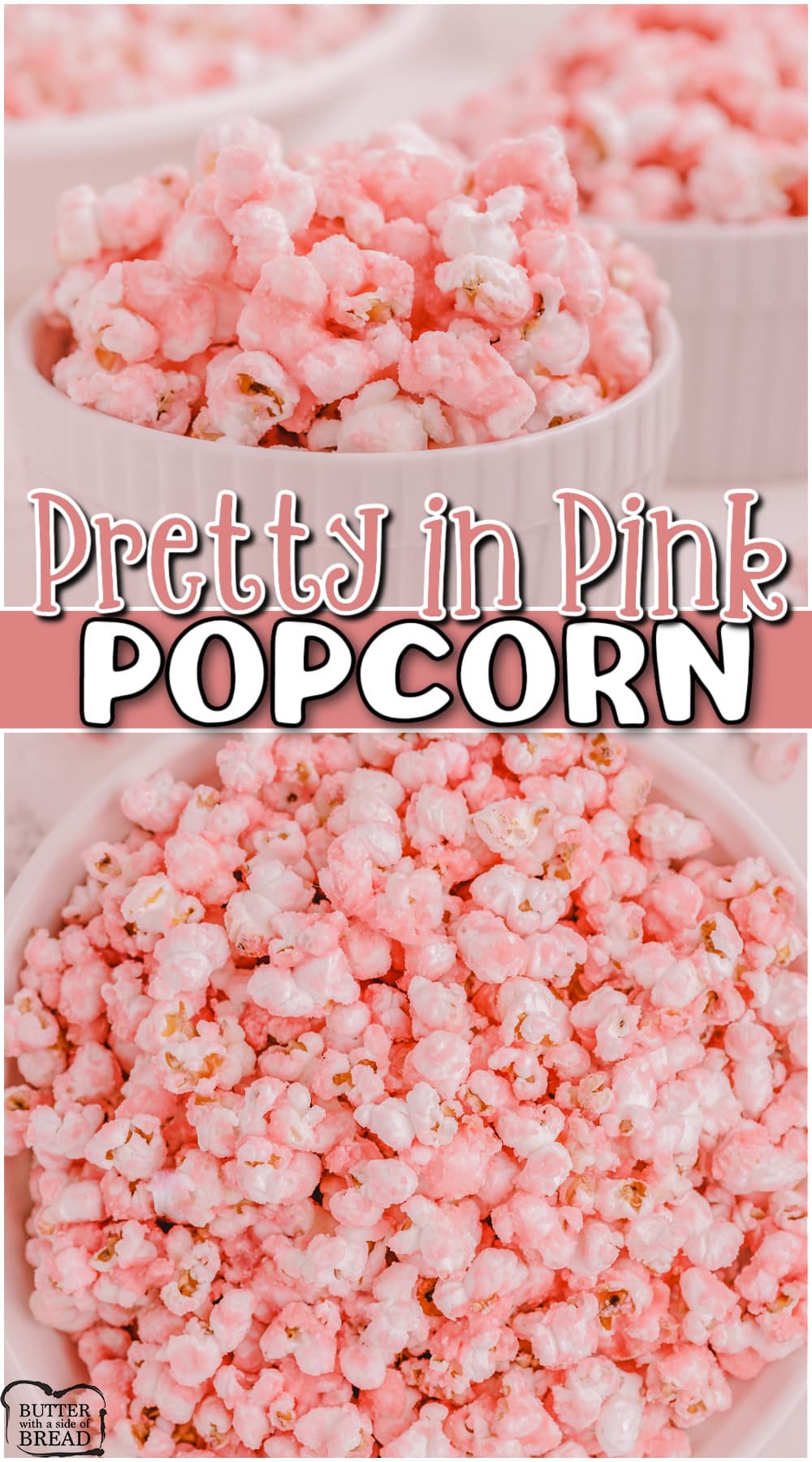 Old-fashioned Pink Popcorn made with whipping cream, sugar & pink coloring for a festive, candy coated treat! Pink popcorn perfect for parties, baby showers or anyone who loves PINK! 