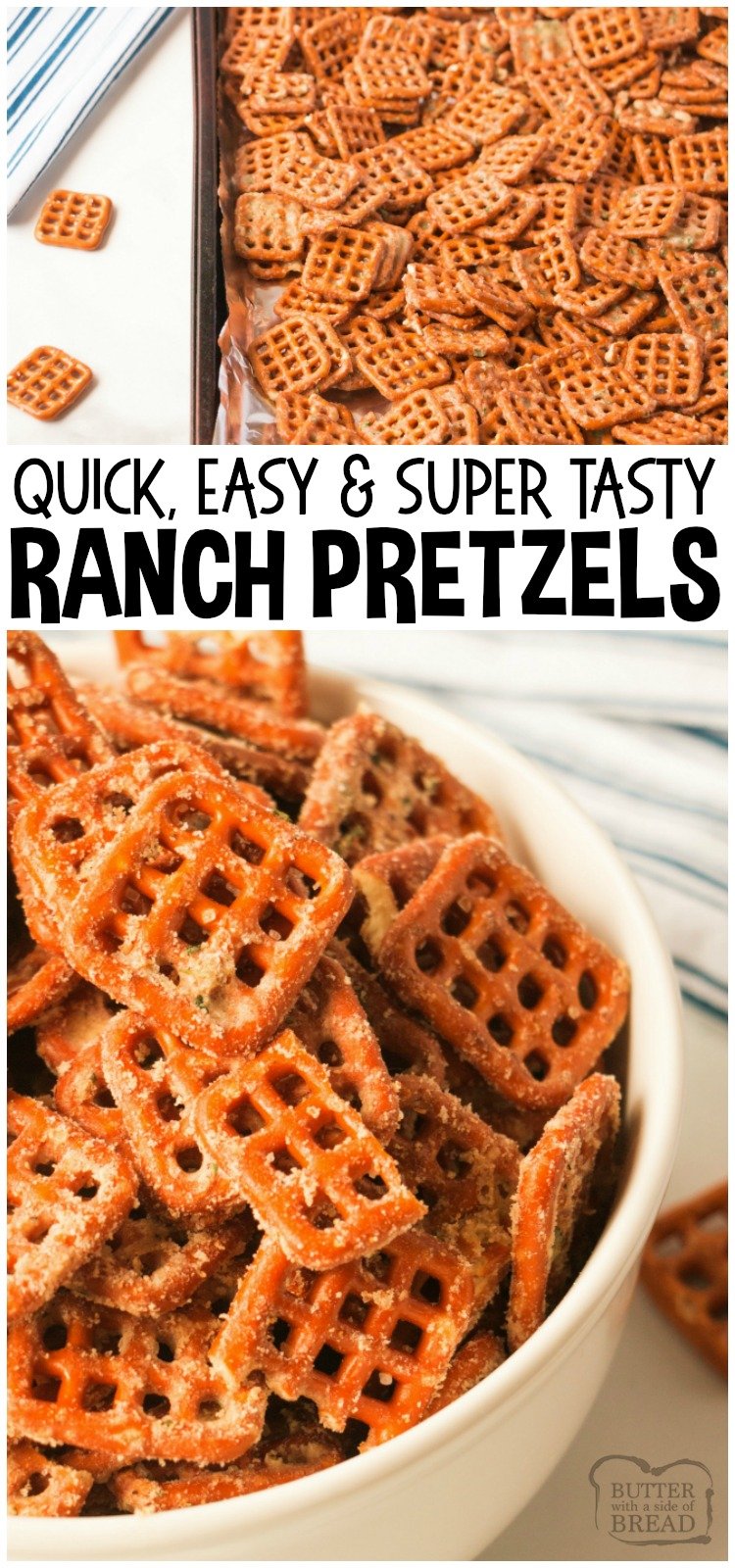 Easy Ranch Pretzels made with just a few ingredients and so insanely delicious, everyone asks for this recipe! Simple appetizer to make and perfect for game day, a party or any get-together! #ranch #pretzels #snacks #food #appetizers #recipe from BUTTER WITH A SIDE OF BREAD