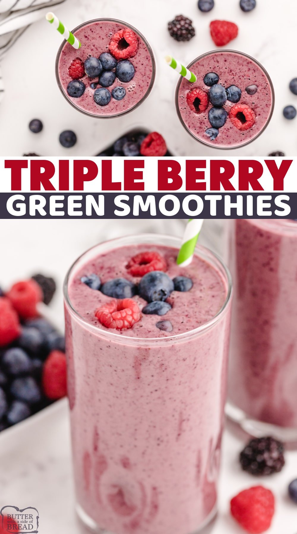 Triple Berry Green Smoothies made with 4 ingredients in less than 2 minutes. Easy smoothie recipe that is so pretty and purple, no one will ever know there is spinach in there!