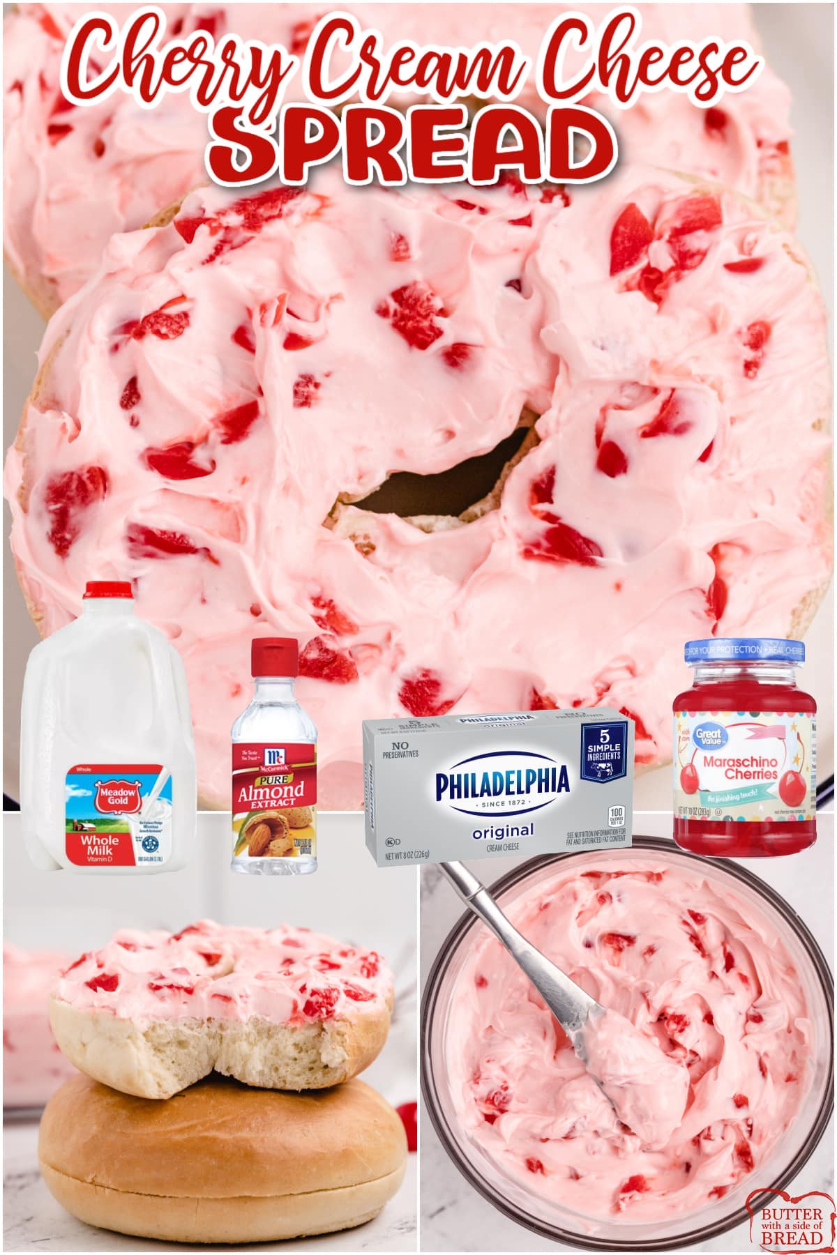 Cherry Cream Cheese Spread is a delicious recipe that is made in 5 minutes and with only 5 simple ingredients! This cream cheese maraschino cherry spread is perfect on bagels or toast.