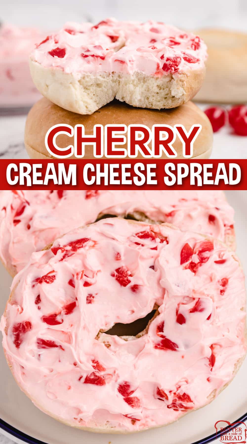 Cherry Cream Cheese Spread is a delicious recipe that is made in 5 minutes and with only 5 simple ingredients! This cream cheese maraschino cherry spread is perfect on bagels or toast.