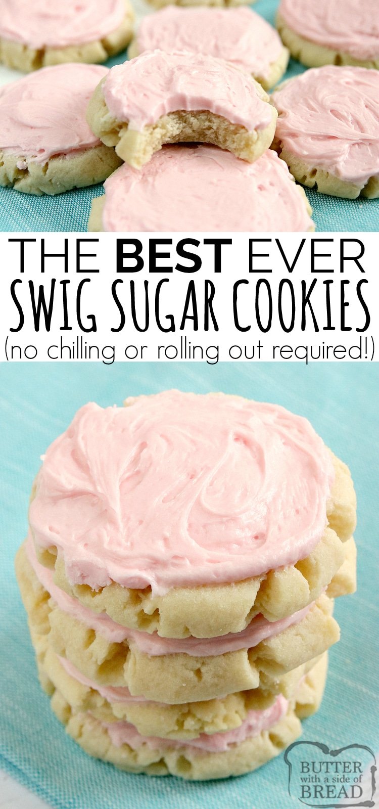 Copycat Swig Sugar Cookies are buttery, soft and somewhere in between a sugar cookie and shortbread, with a little bit of delicious frosting on top! This sugar cookie recipe doesn't require any chilling and you don't have to roll them out either! The best copycat Swig cookie recipe that I've ever tried!