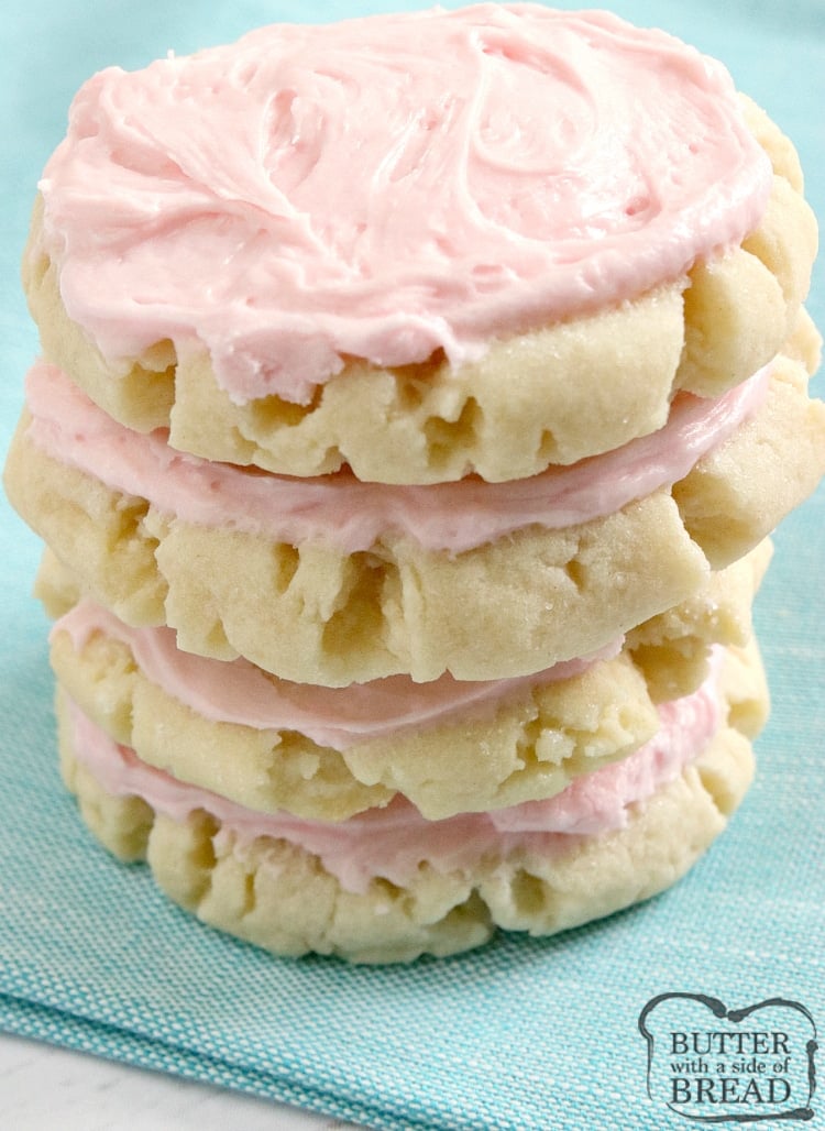Copycat Swig Sugar Cookies are buttery, soft and somewhere in between a sugar cookie and shortbread, with a little bit of delicious frosting on top! This sugar cookie recipe doesn't require any chilling and you don't have to roll them out either! The best copycat Swig cookie recipe that I've ever tried!
