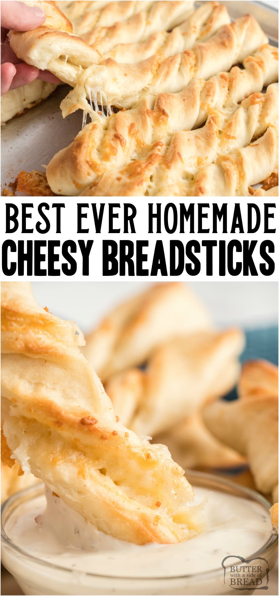 Cheesy breadsticks are a delicious side to a meal and these soft and buttery breadsticks with cheese inside can be made in under an hour! #bread #homemade #cheese #breadsticks #baking #recipe from BUTTER WITH A SIDE OF BREAD