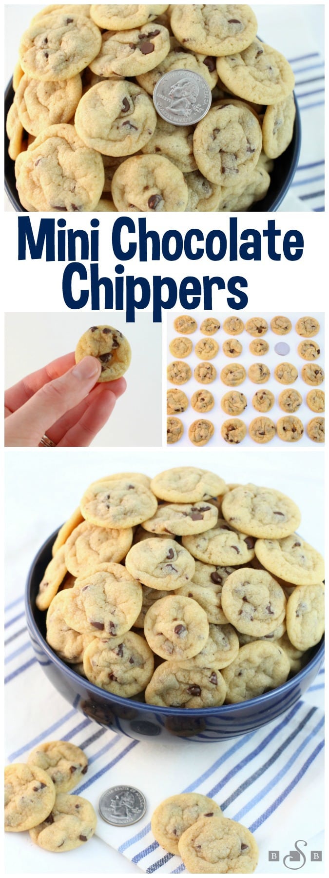 Mini Chocolate Chip Cookies are teeny tiny chocolate chip cookies about the size of a quarter! Soft,chewy poppable cookies that are perfect for parties.
