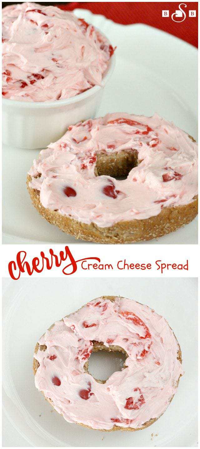 When I was in high school, I worked at a bagel shop and from that point on I've had a very deep fondness for bagels. I don't really like plain cream cheese though and have had a hard time finding a flavor I like, until I recently came across this recipe for Cherry Cream Cheese! I love cherry flavored anything, so I knew this would be amazing and the best part of it is that it only takes a few ingredients and a couple of minutes to make!