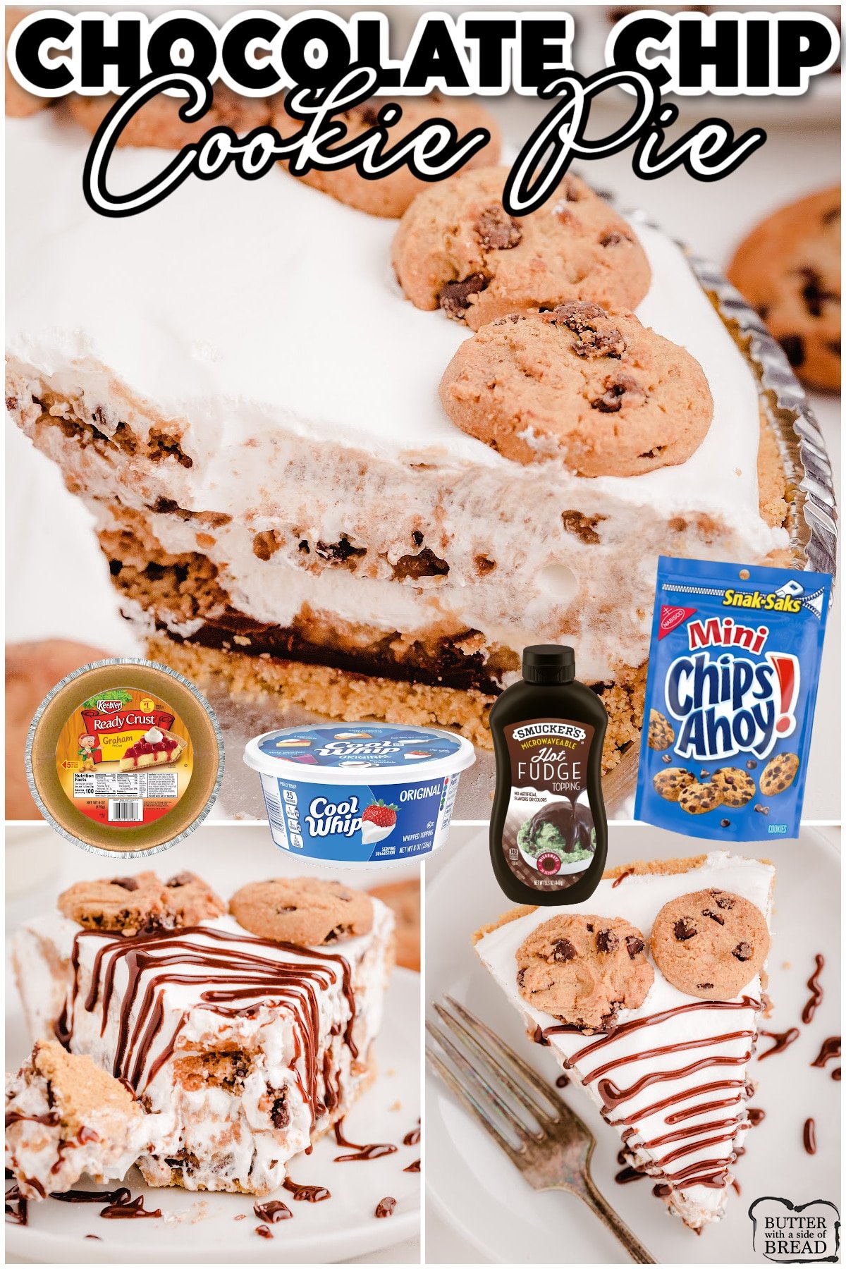 Chocolate Chip Cookie Pie made with cookies, milk & whipped cream! Simple no-bake cookie pie is a dessert with a fantastic twist on a classic cookie everyone loves!
