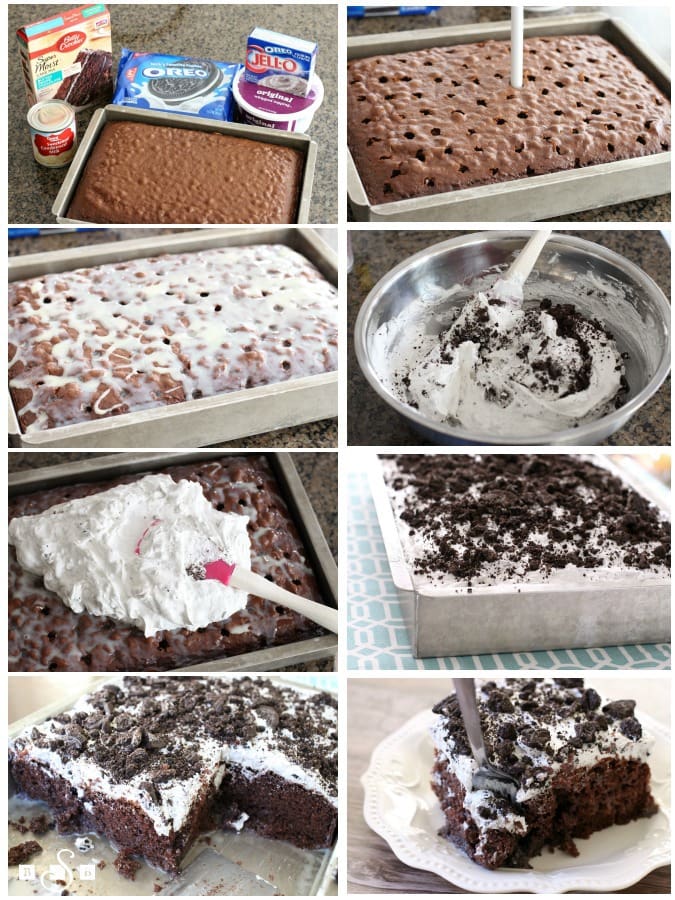 Cookies & Cream Poke Cake made with a chocolate cake mix, the drizzled with condensed milk and a whipped cookies & cream topping. Everyone goes crazy for this tasty poke cake.