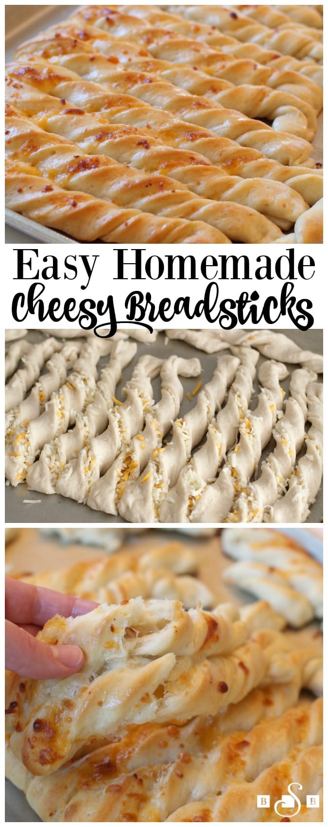 Cheesy Breadsticks made from scratch in under an hour! Soft, buttery and filled with cheese, these are the best #breadstick recipe ever! Butter With A Side of Bread