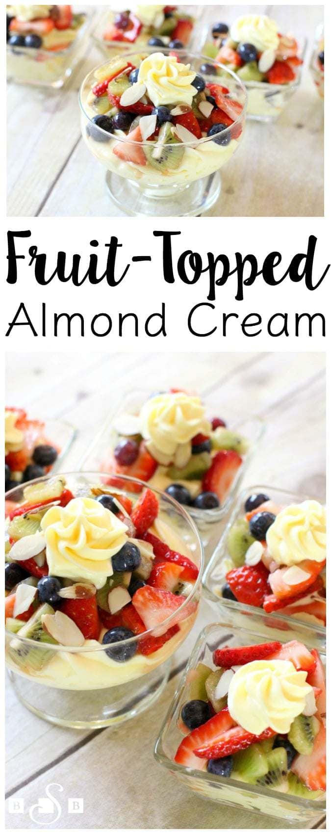 Fruit Topped Almond Cream is a light, fluffy and incredibly creamy dip that is so delicious. This vanilla almond mousse recipe is easy to make, it comes together quickly and has only 4 ingredients!