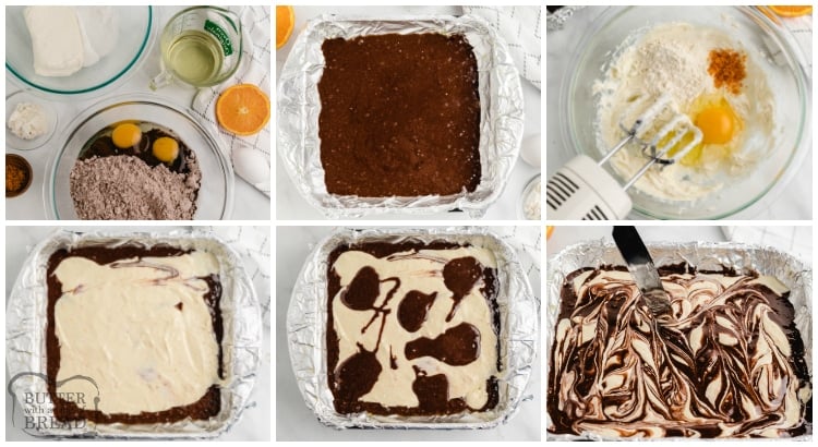Step by step instructions on how to make orange cheesecake brownies