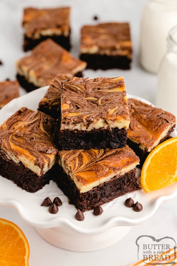 Brownie mix brownies with an orange cheesecake layer