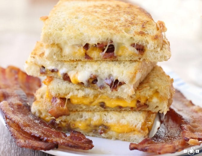 Easy Bacon Grilled Cheese ~ crispy chopped bacon with 2 kinds of cheese on grilled sour dough! 