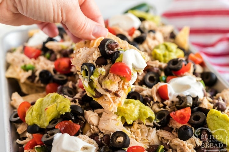 Nachos with chicken, beans, homemade cheese sauce, guacamole, tomatoes and olives