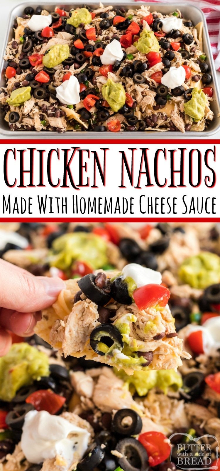 Chicken Nachos recipe made with a simple homemade cheese sauce made from real cheese. This simple nacho recipe can be made without an oven and you can add any veggies or toppings you prefer!