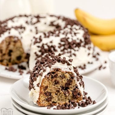 Chocolate Chip Banana Cake is a lovely homemade banana bundt cake recipe with chocolate chips! Fantastic flavor and wonderful frosting ~perfect recipe for ripe bananas!