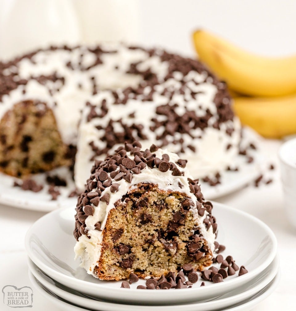 Chocolate Chip Banana Cake is a lovely homemade banana bundt cake recipe with chocolate chips! Fantastic flavor and wonderful frosting ~perfect recipe for ripe bananas!