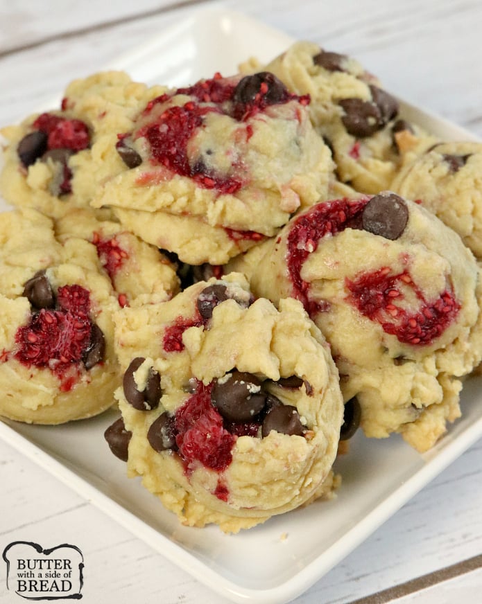 Raspberry Chocolate Chip Cookies are absolutely amazing! Adding fresh raspberries to a classic chocolate chip cookie recipe makes a delicious difference!