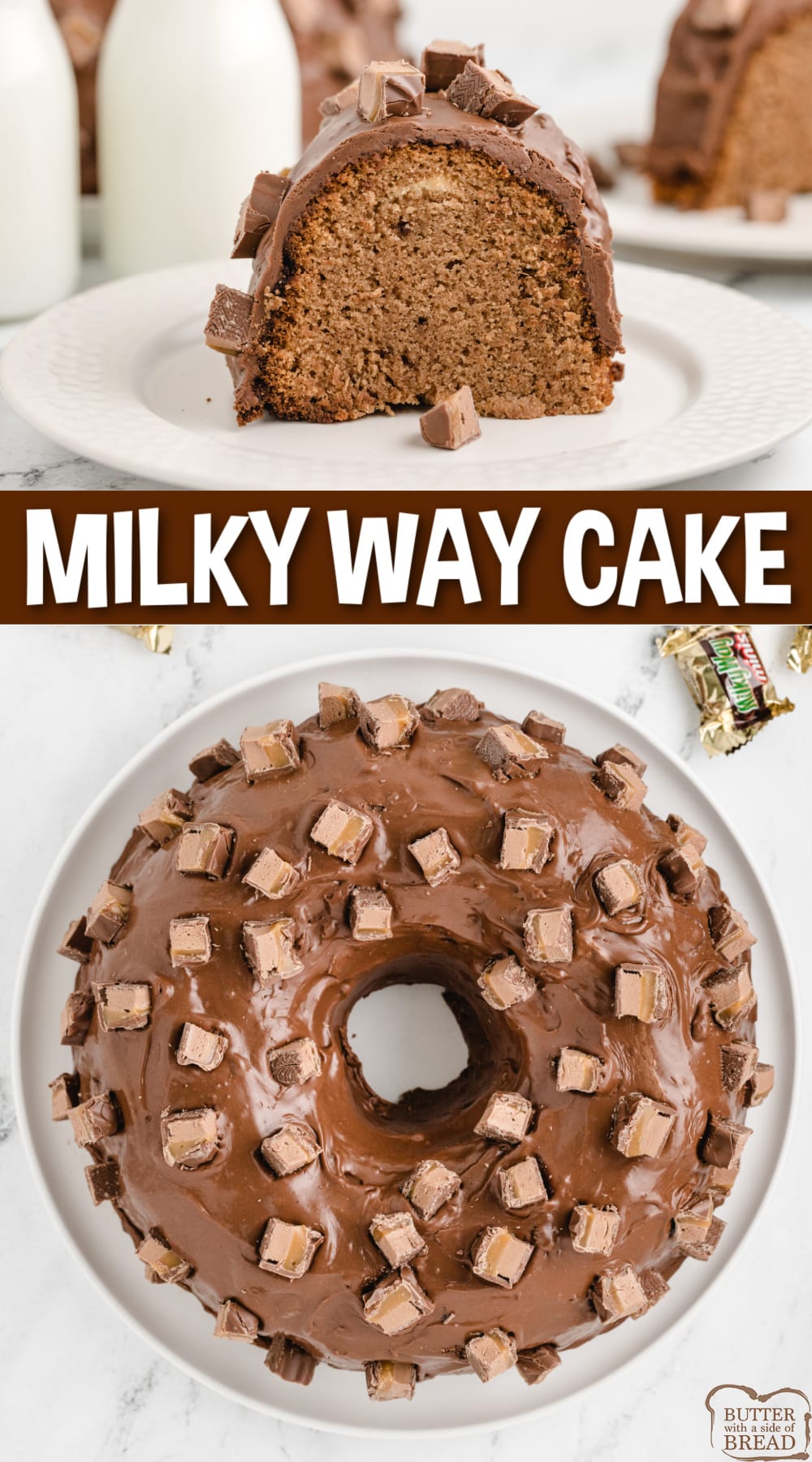 Milky Way Cake is made with melted Milky Way candy bars and topped with a chocolate marshmallow ganache! Perfect bundt cake recipe for leftover Halloween candy, holidays, or any time you need a delicious dessert recipe.