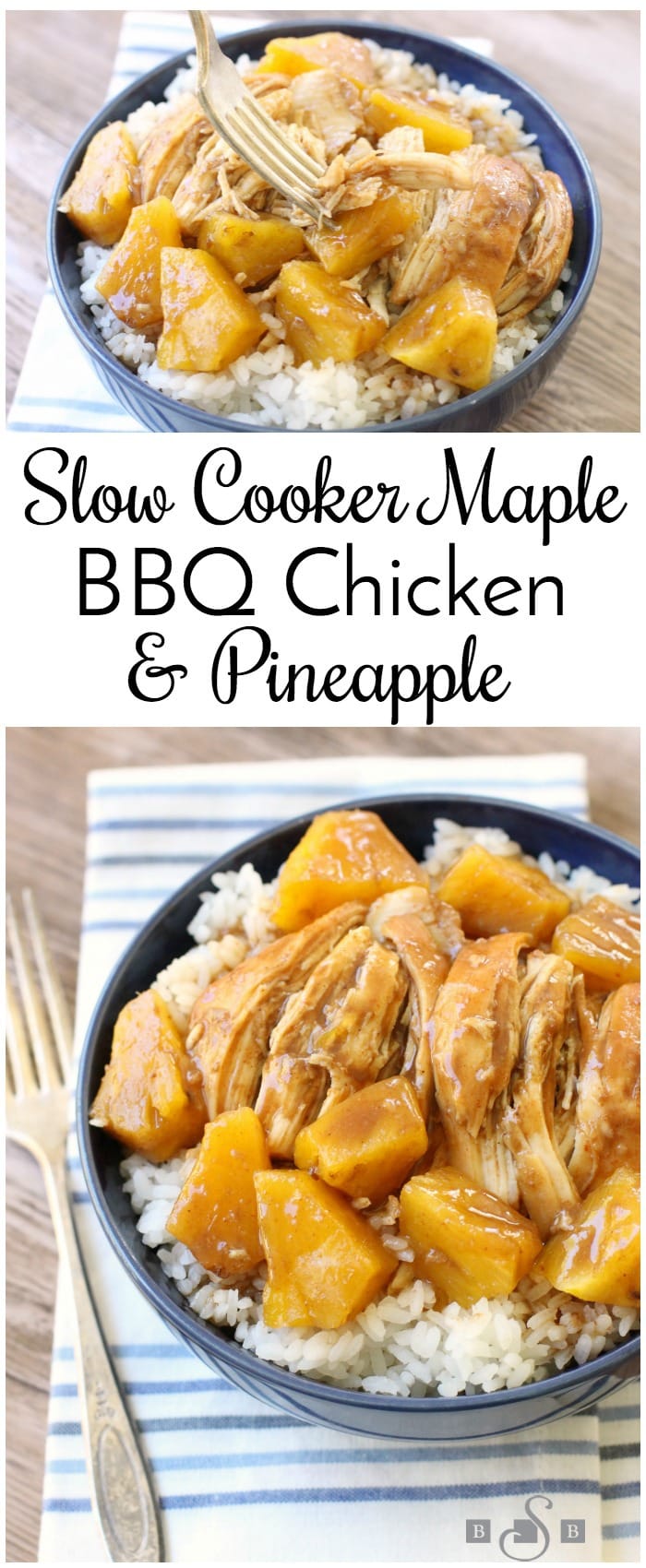 Slow Cooker BBQ Chicken is sweet, tangy and super easy to make. Add in pineapple and serve over rice for a complete chicken dinner.
