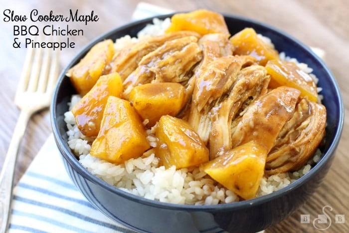 Slow Cooker BBQ Chicken is sweet, tangy and super easy to make. Add in pineapple and serve over rice for a complete chicken dinner. 
