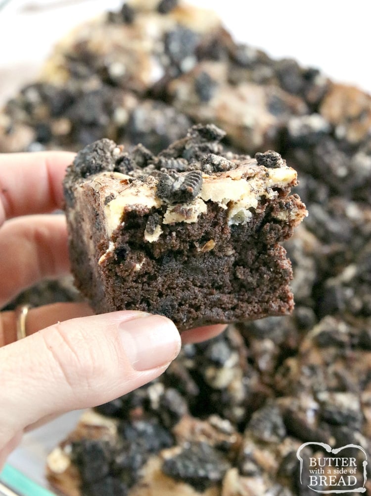 Cookies & Cream Brownies combine a rich, fudgy brownie recipe with a sweet cream cheese layer that is swirled on top! There are Oreo cookies in the brownies and also on top for more cookies and cream deliciousness!