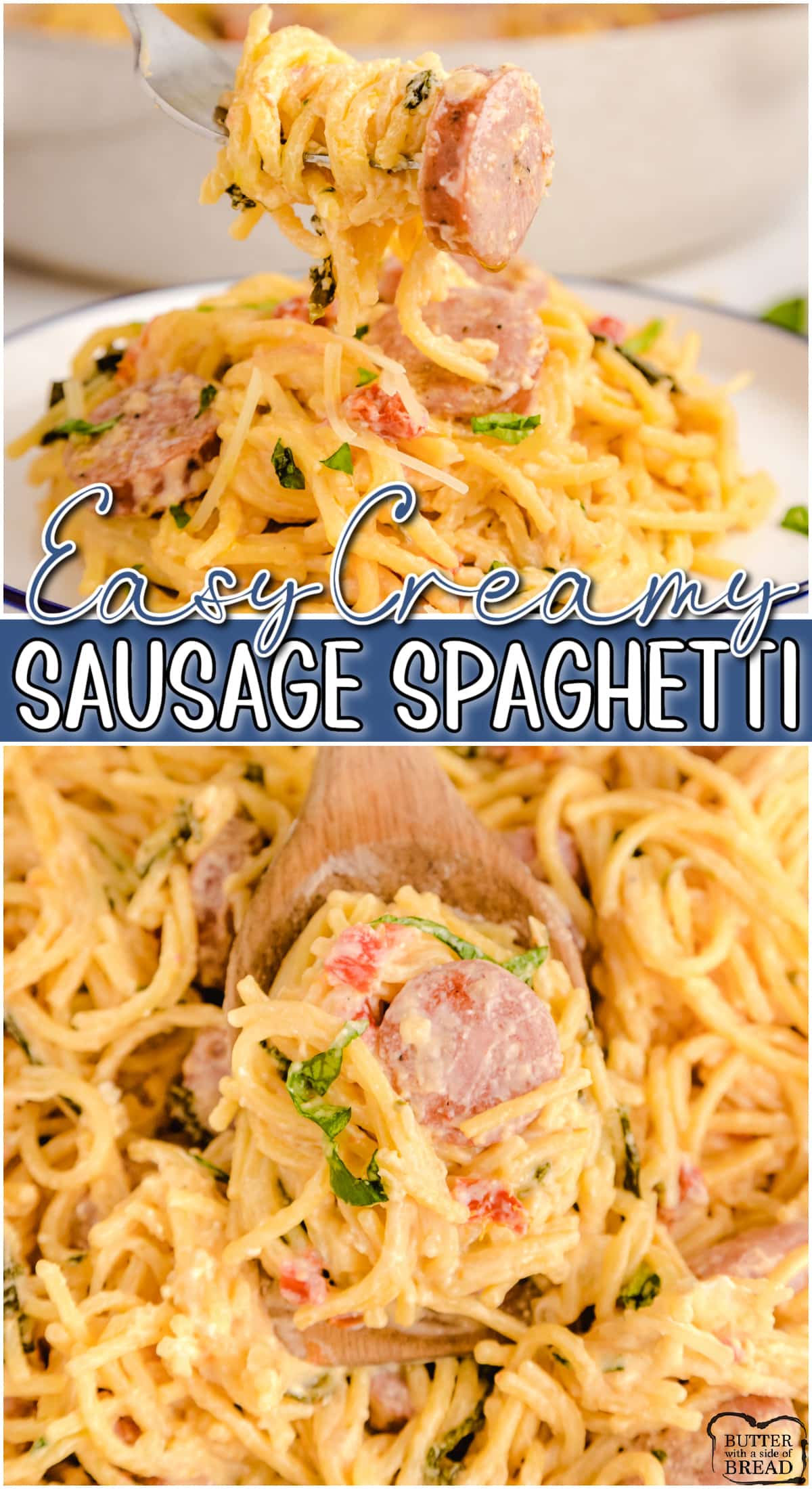 Creamy Sausage Spaghetti is a great one-pot weeknight dinner made with sausage, spaghetti, cream cheese & garlic! This creamy spaghetti is a simple, flavorful meal everyone loves! 